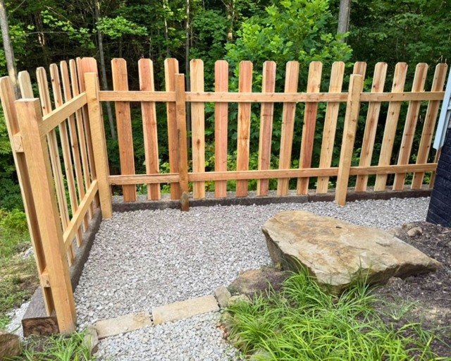 Cedar gate and gravel landing