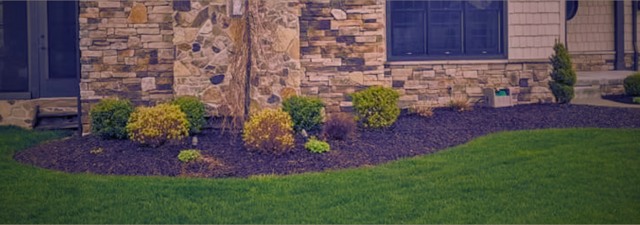 Stone front home with lawn and planting beds