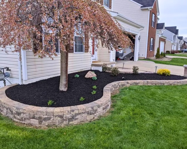 Curved retaining border and mulched bed