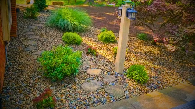 Rock mulch planting and path light