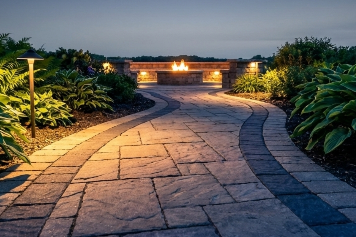 Bee Green Outdoor Living Hardscaping Curved Paver Walkway Leading to Fire Feature at Dusk