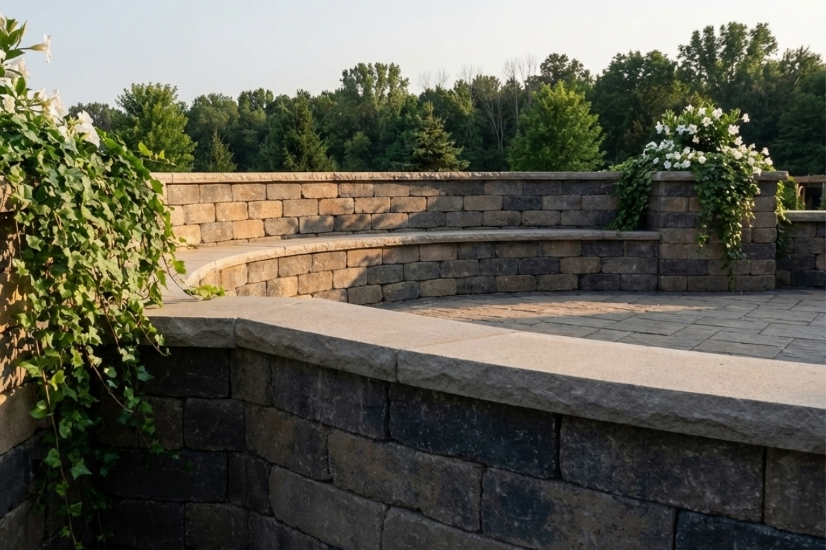 Bee Green Outdoor Living Hardscaping Curved Stone Seating Wall with Paver Patio