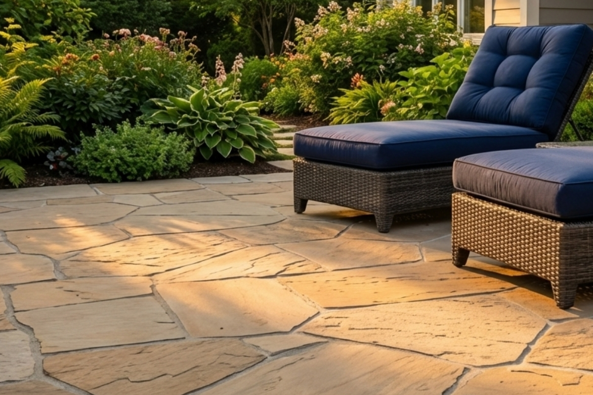 Bee Green Outdoor Living Hardscaping Flagstone Patio with Outdoor Seating and Garden Border
