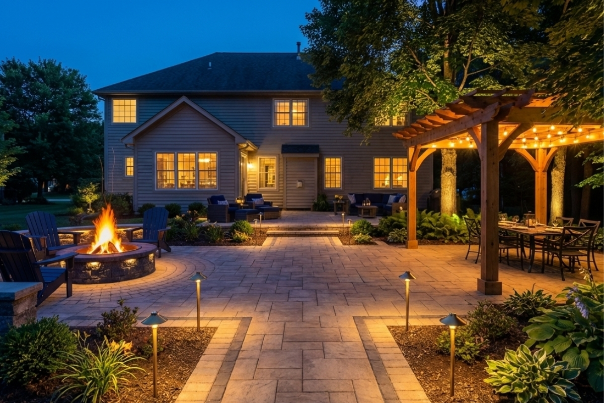 Bee Green Outdoor Living Hardscaping Full Backyard Hardscape with Fire Pit Pergola and Pathway Lighting at Night