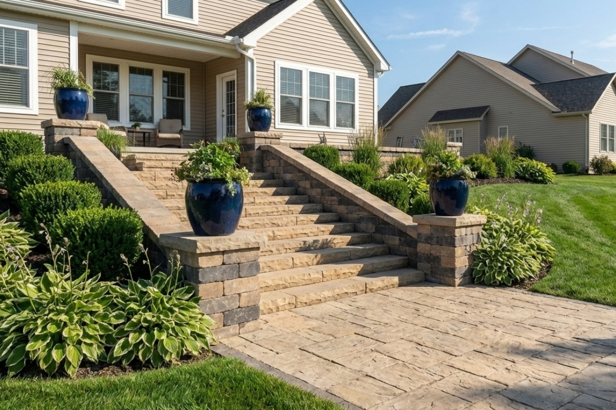 Bee Green Outdoor Living - Hardscaping - Grand Stone Entry Staircase with Planters at Residential Home