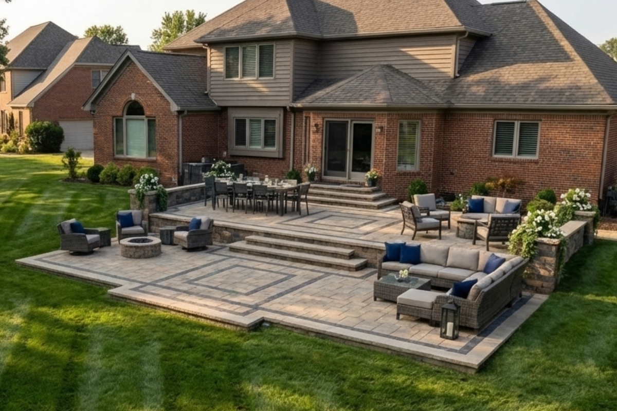 Bee Green Outdoor Living Hardscaping Multi Level Paver Patio with Fire Pit at Brick Residential Home