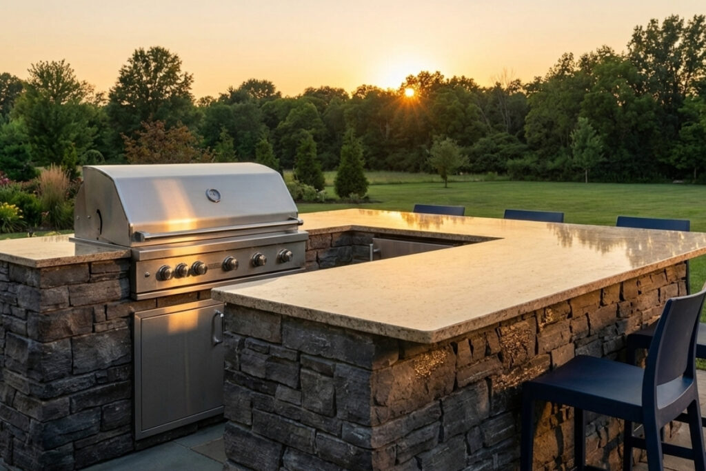 Bee Green Outdoor Living Hardscaping Outdoor Kitchen with Built In Grill at Residential Home at Sunset