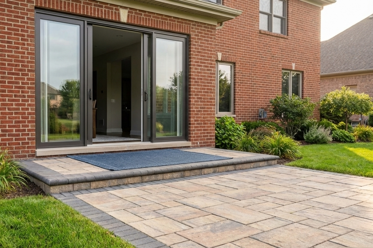 Bee Green Outdoor Living Hardscaping Paver Patio with Raised Step Entry at Brick Residential Home