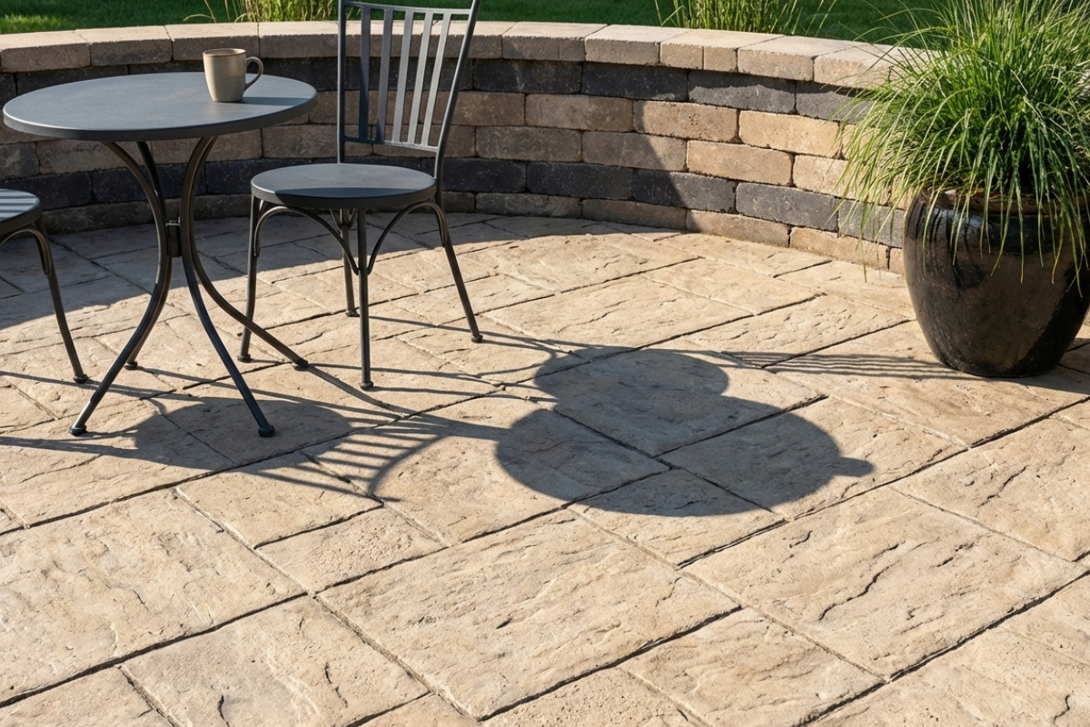 Bee Green Outdoor Living Hardscaping Paver Patio with Stone Seating Wall at Residential Property