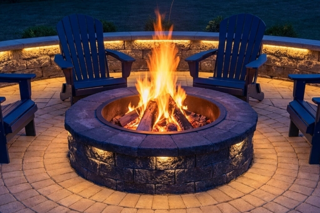 Bee Green Outdoor Living Hardscaping Round Stone Fire Pit with Seating Wall at Night