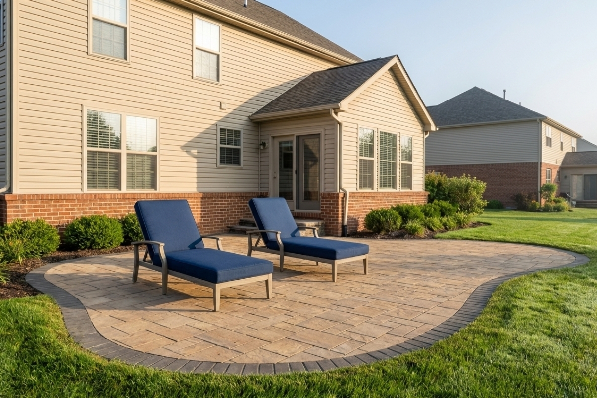Bee Green Outdoor Living Hardscaping Stamped Concrete Patio at Residential Home
