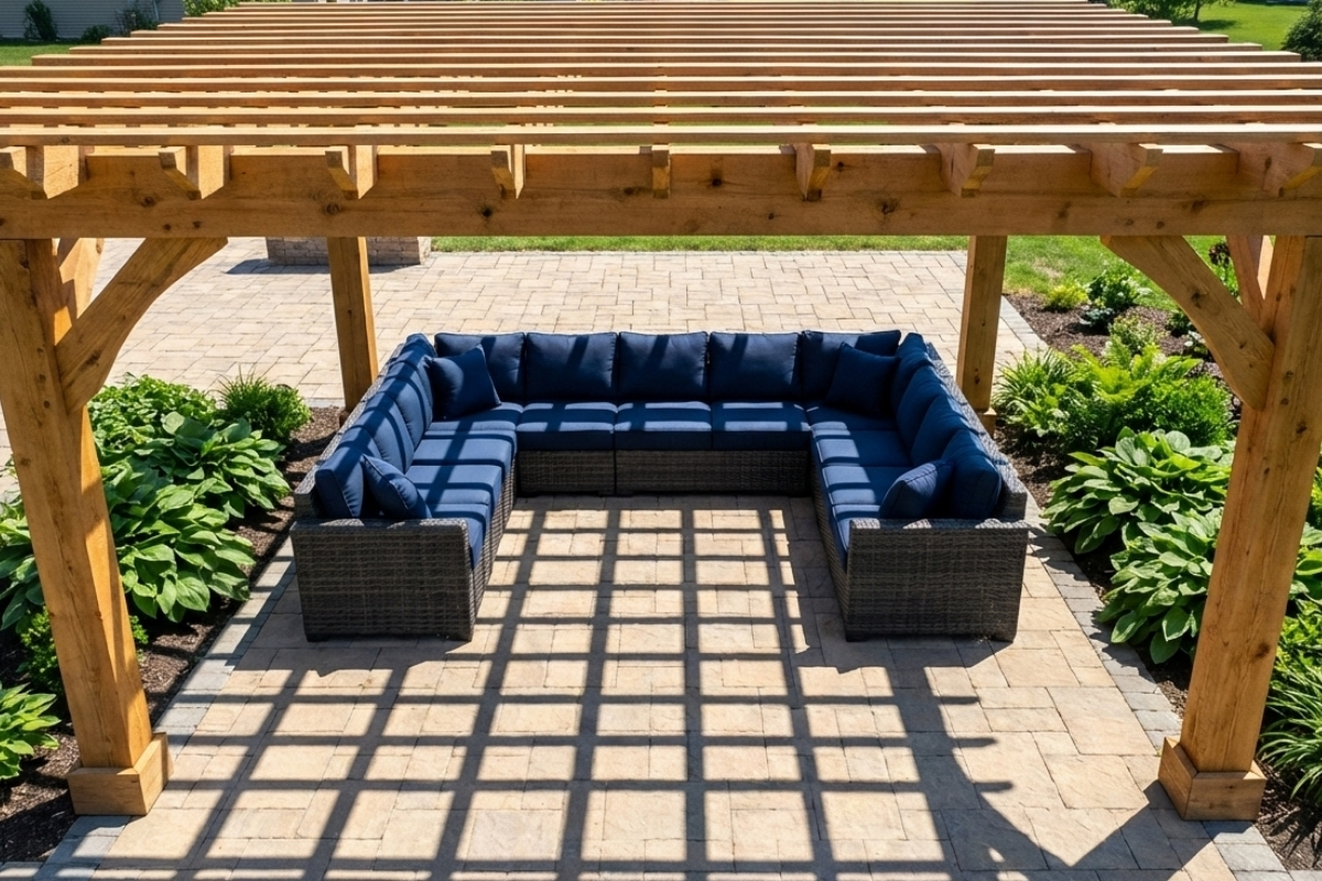 Outdoor Living & Hardscaping in Brecksville, Ohio 1 Bee Green Outdoor Living Hardscaping Wood Pergola with Sectional Seating on Paver Patio