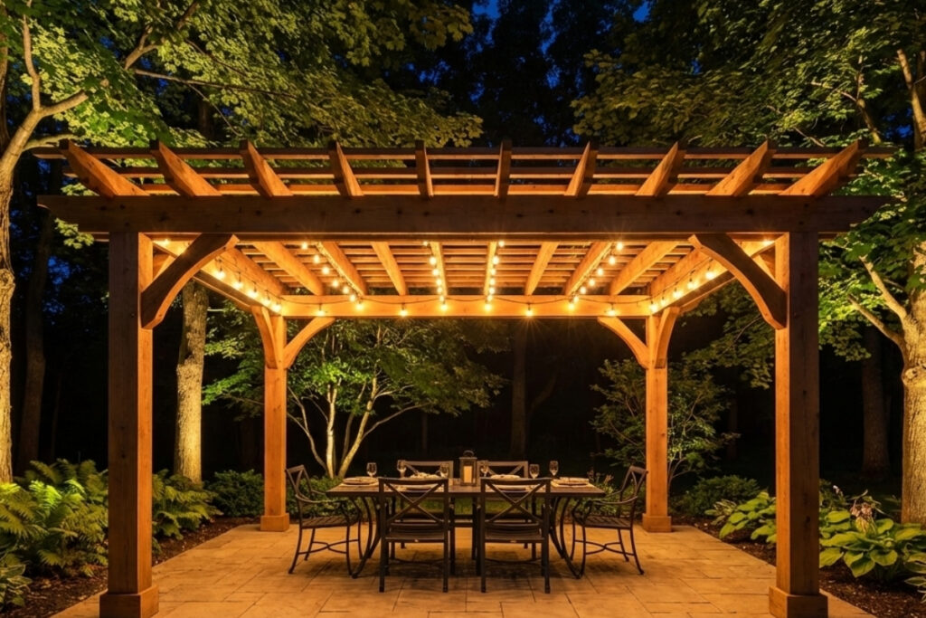 Bee Green Outdoor Living Hardscaping Wood Pergola with String Lights and Outdoor Dining at Night