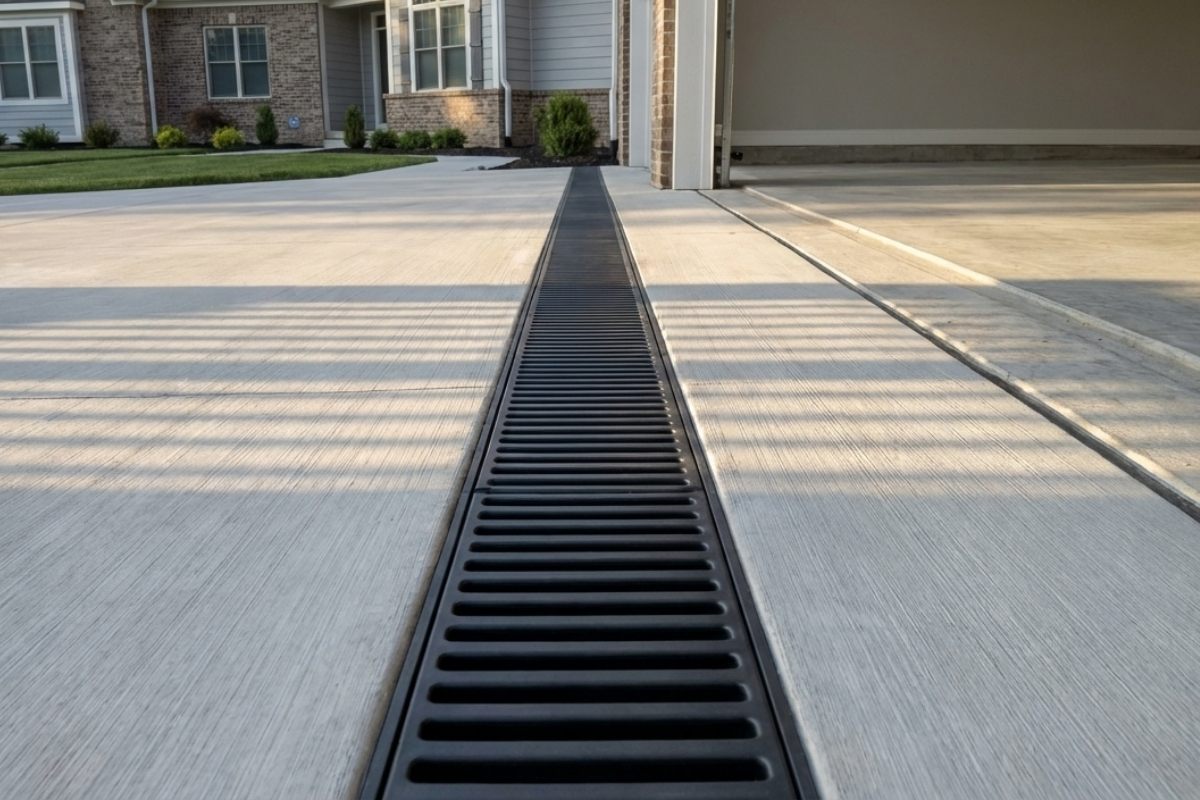 Bee Green Outdoor Living Irrigation and Drainage Channel Drain in Concrete Driveway at Residential Home