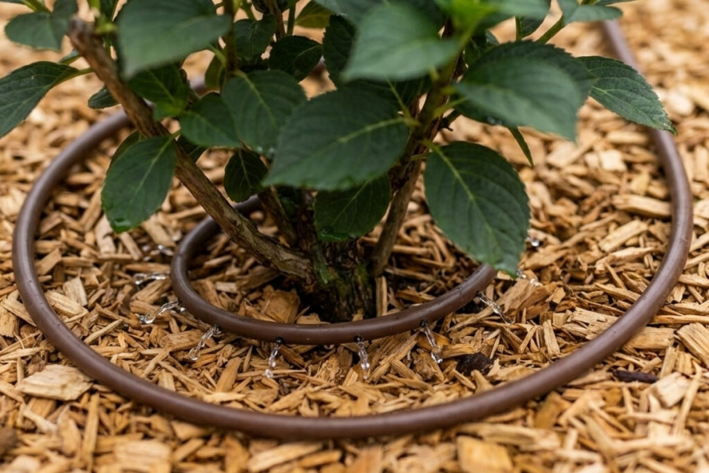 Bee Green Outdoor Living Irrigation and Drainage Drip Irrigation System Around Shrub in Garden Bed