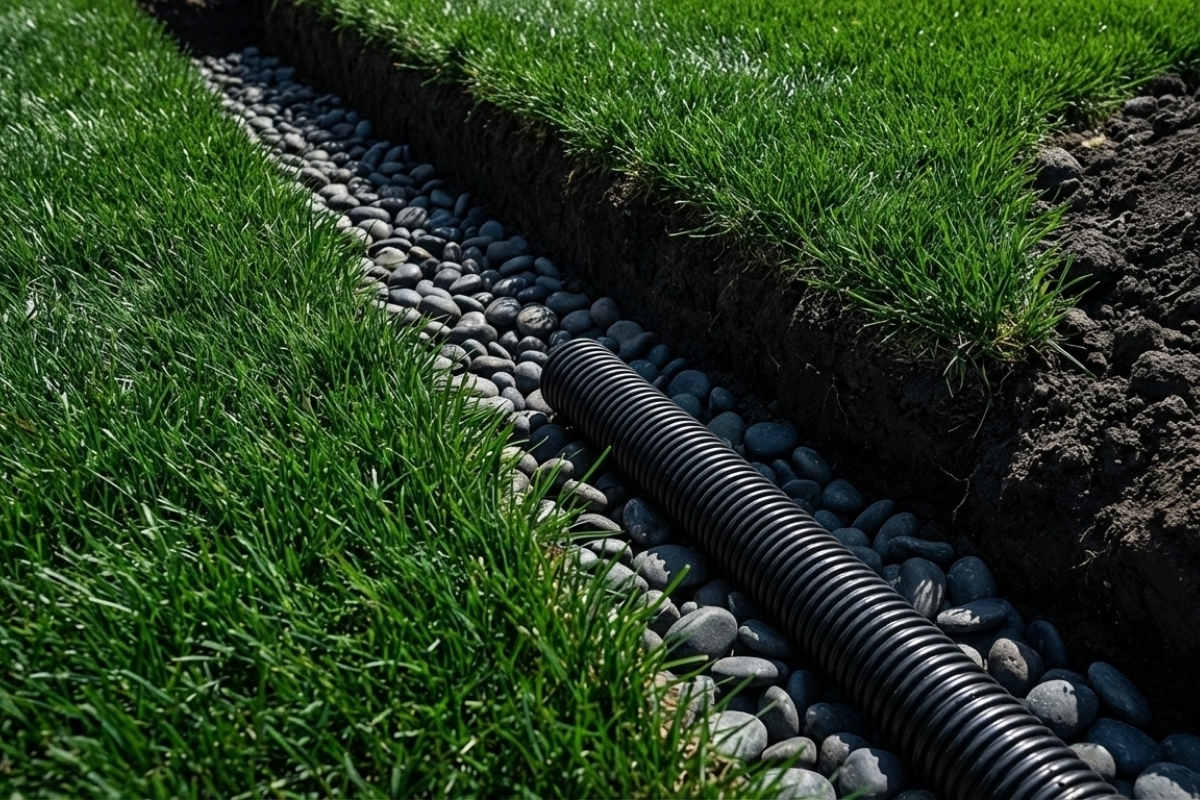 Bee Green Outdoor Living Irrigation and Drainage French Drain Installation in Lawn at Residential Property