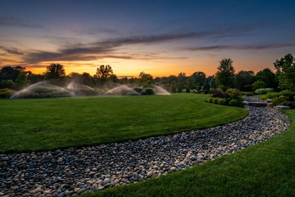 Bee Green Outdoor Living Irrigation and Drainage Full Lawn Irrigation System with Rock Drainage Channel at Residential Estate at Sunset