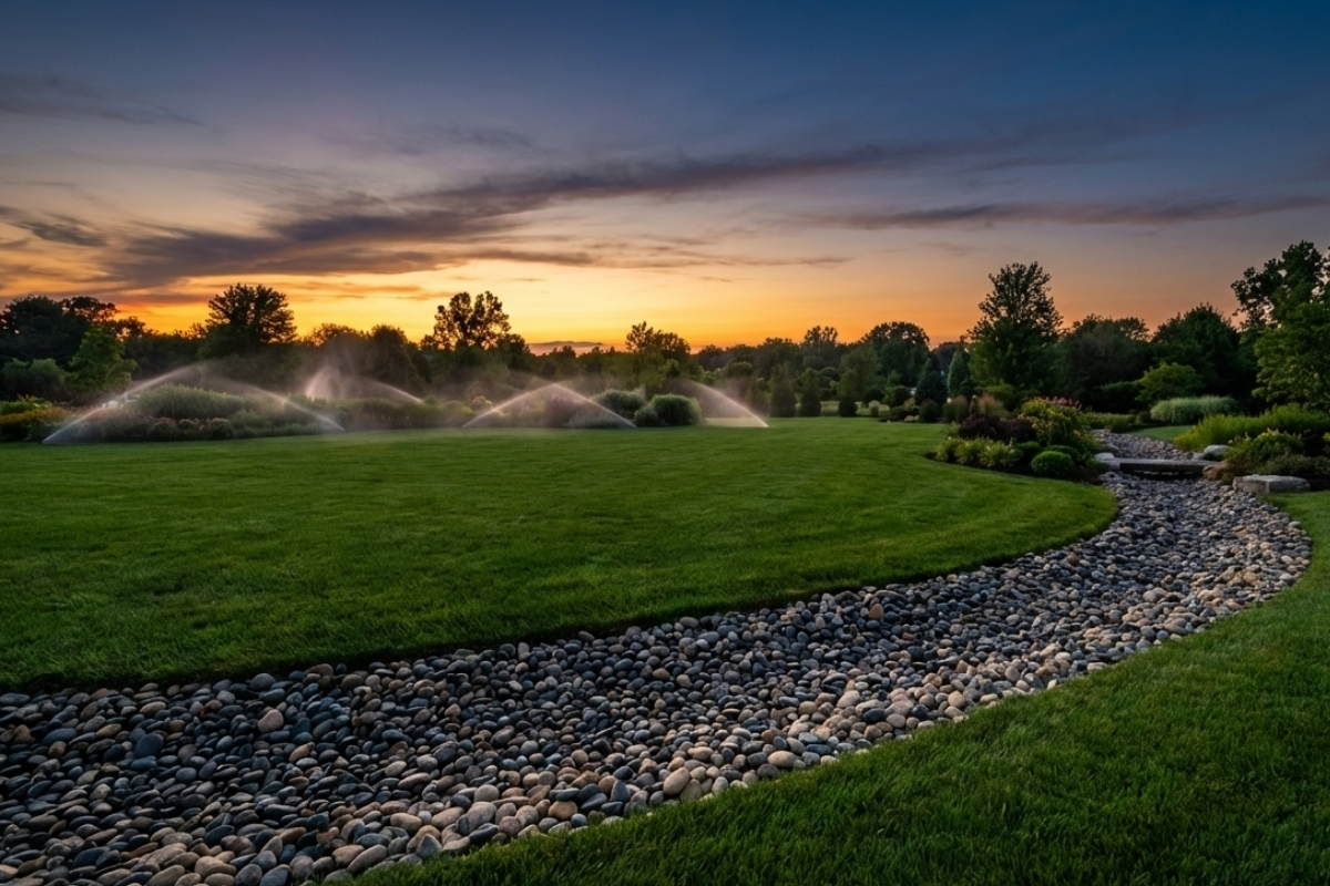 Bee Green Outdoor Living Irrigation and Drainage Full Lawn Irrigation System with Rock Drainage Channel at Residential Estate at Sunset