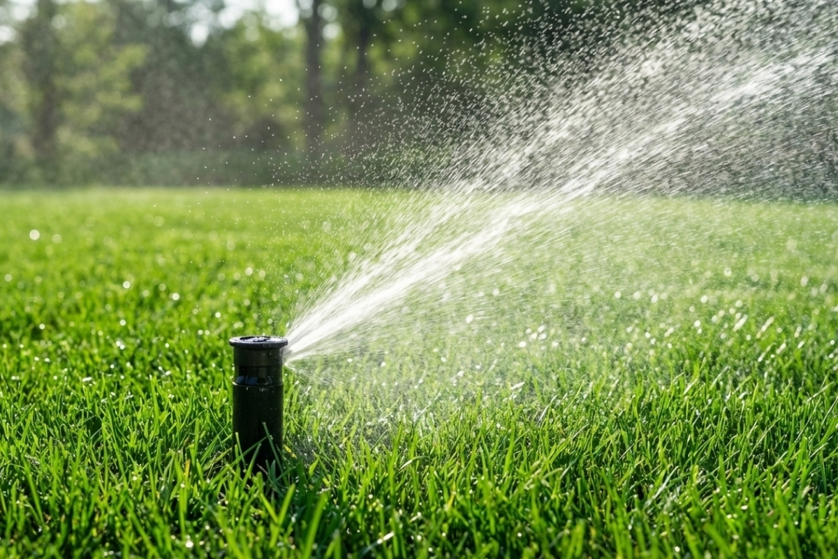 Bee Green Outdoor Living Irrigation and Drainage Pop Up Sprinkler Head Irrigating Lawn at Residential Property