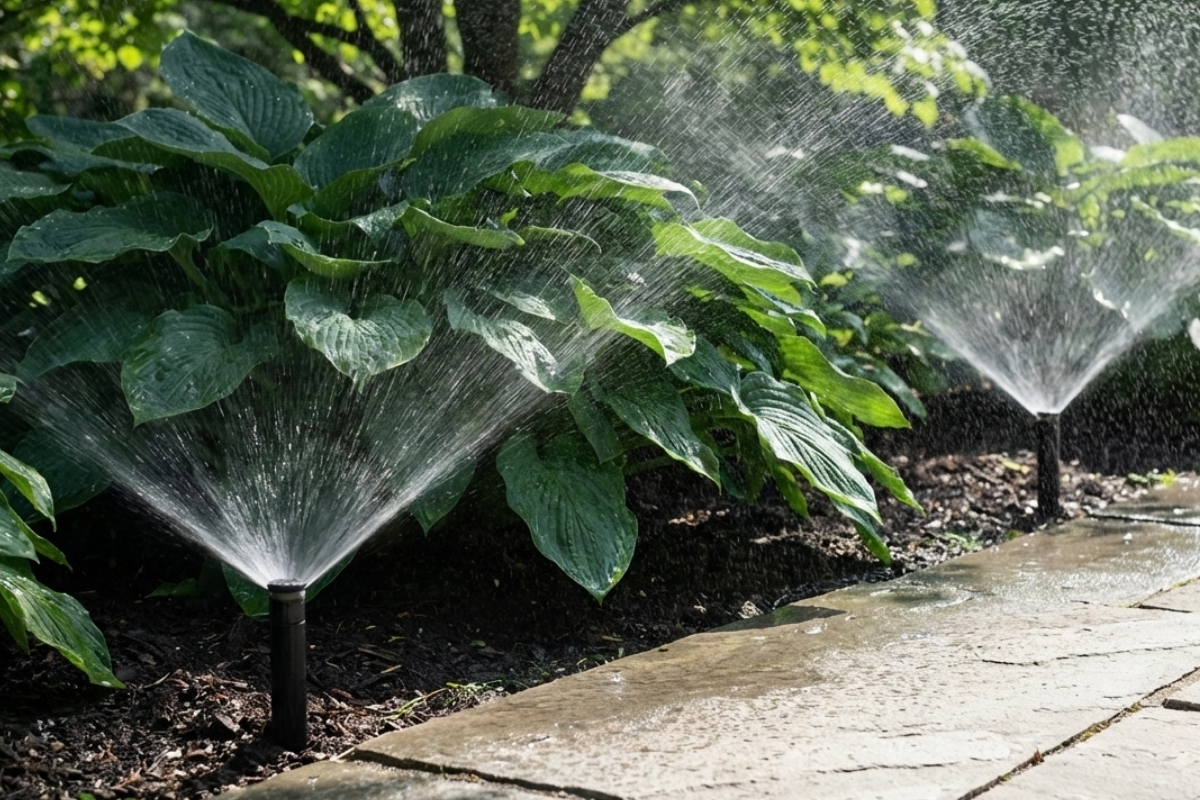Bee Green Outdoor Living Irrigation and Drainage Sprinkler System Watering Garden Bed Along Paver Walkway