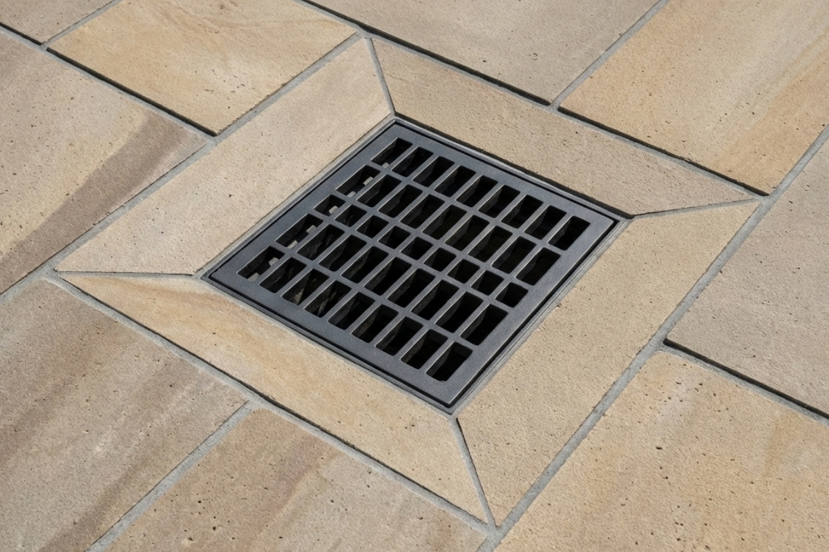 Bee Green Outdoor Living Irrigation and Drainage Surface Drain Grate in Paver Patio at Residential Property