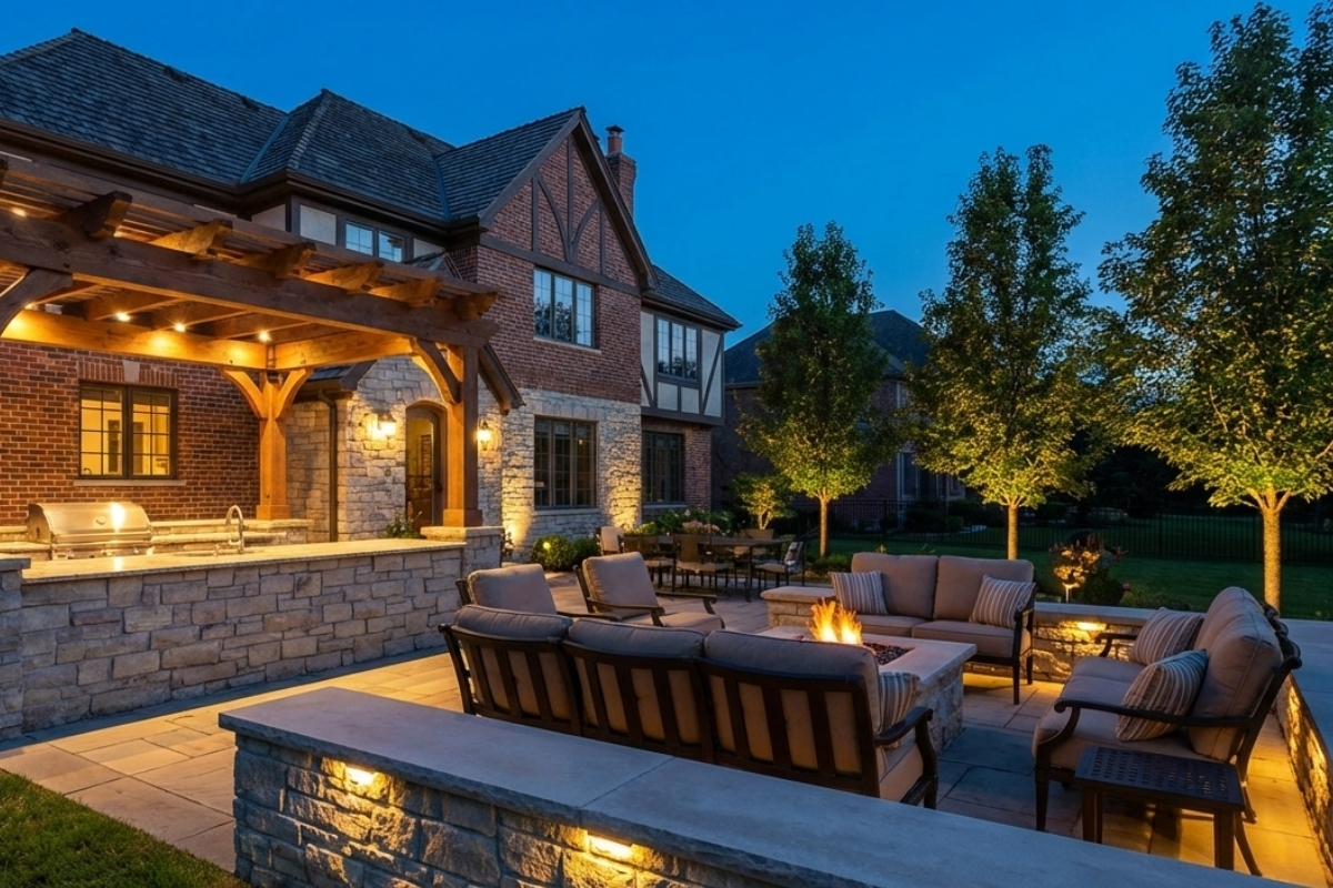 Bee Green Outdoor Living Landscape Lighting Full Backyard Lighting with Pergola Outdoor Kitchen and Fire Pit at Residential Home at Dusk