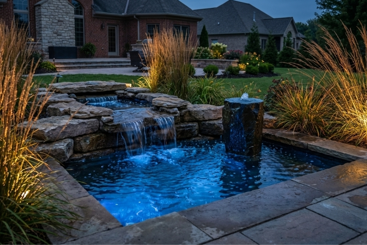 Bee Green Outdoor Living Landscape Lighting Illuminated Stone Water Feature with Waterfall and Fountain at Night at Residential Property