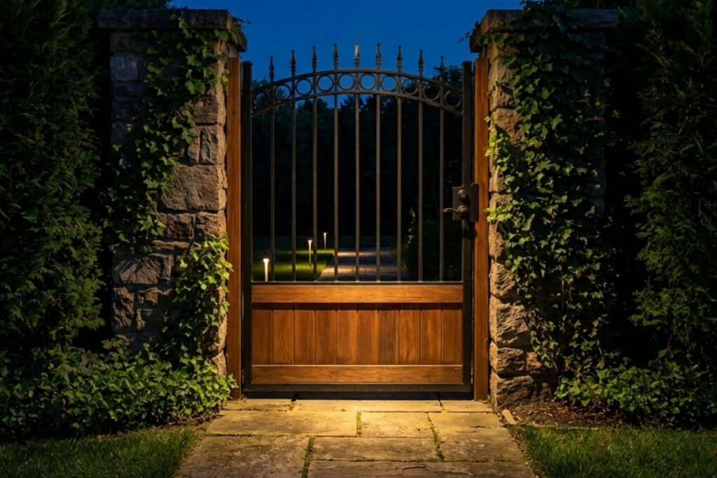 What Is Hardscaping? Everything You Need to Know 2 Bee Green Outdoor Living Landscape Lighting Illuminated Wood and Iron Estate Gate with Stone Pillars at Night
