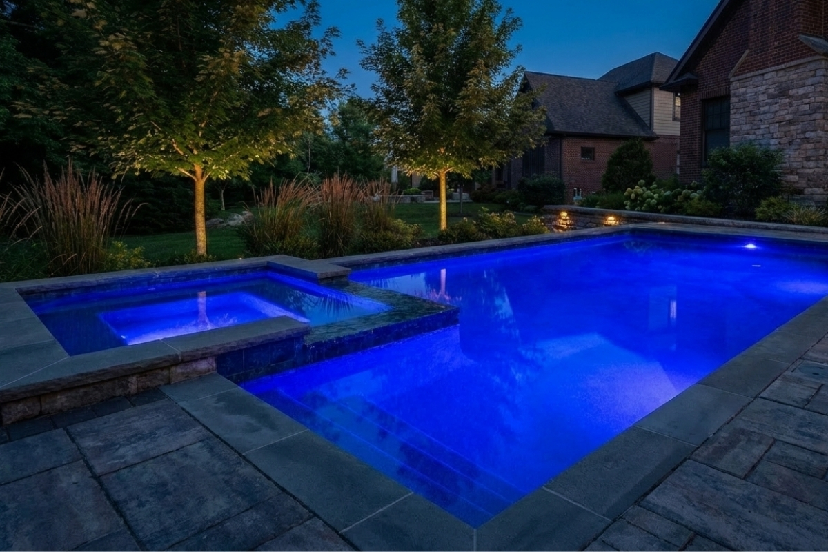 Bee Green Outdoor Living Landscape Lighting In Ground Pool and Spa with Underwater LED Lighting at Dusk at Residential Home