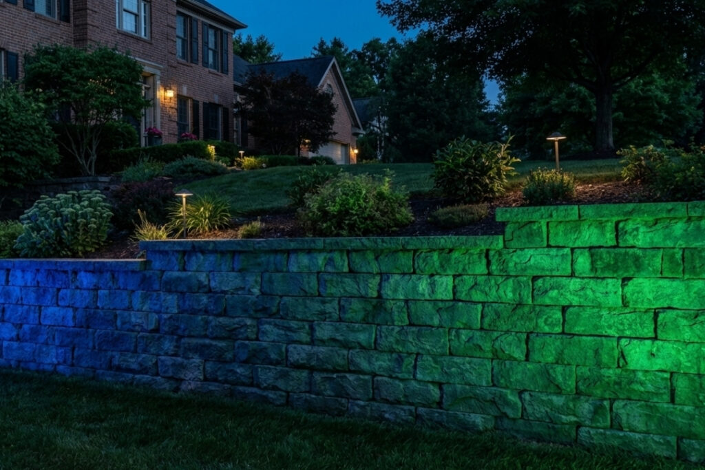 Bee Green Outdoor Living Landscape Lighting LED Accent Lighting on Stone Retaining Wall with Pathway Lights at Residential Home at Dusk