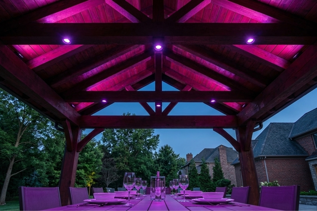Bee Green Outdoor Living Landscape Lighting Recessed LED Lighting in Timber Frame Pavilion Ceiling with Outdoor Dining at Night