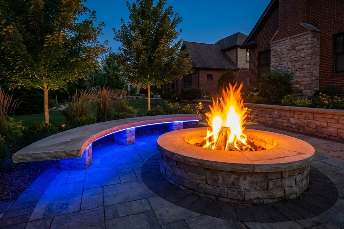 Bee Green Outdoor Living Landscape Lighting Round Stone Fire Pit with LED Seating Wall Accent Lighting on Paver Patio at Dusk