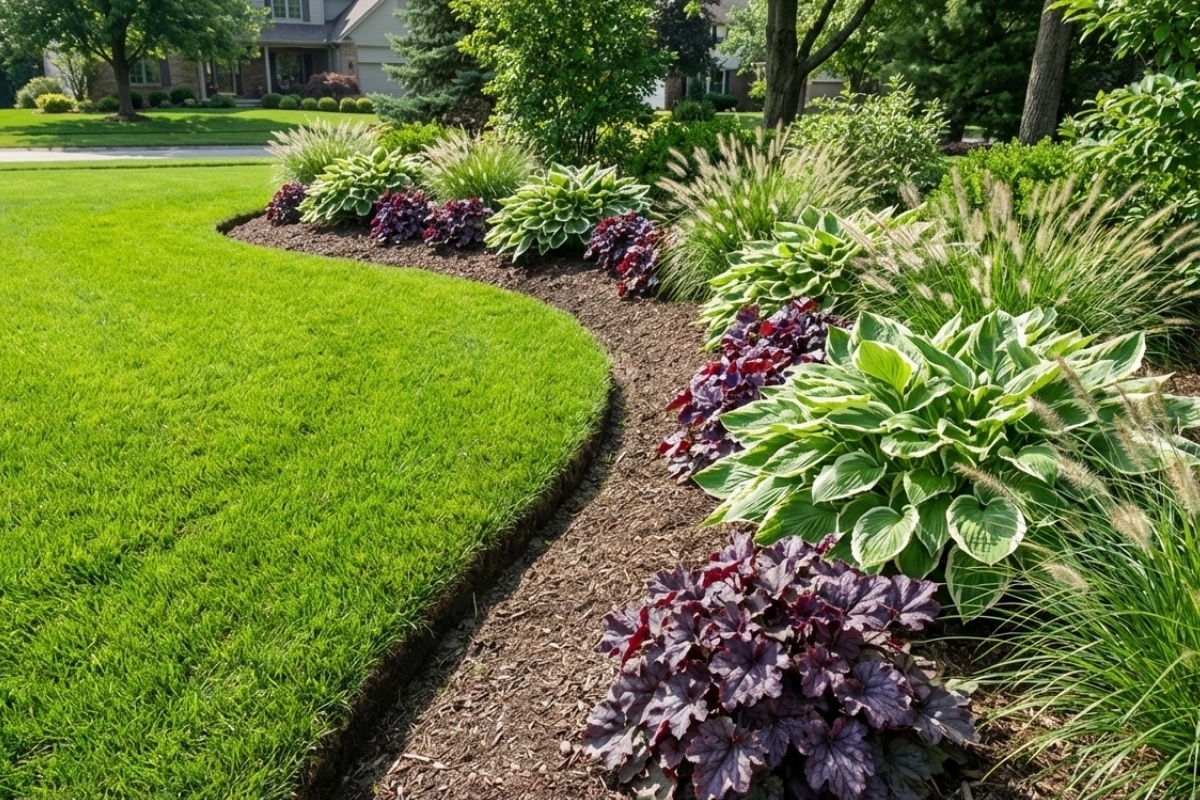 Bee Green Outdoor Living Landscaping Estate Grounds Management Curved Garden Bed with Hostas and Ornamental Grasses