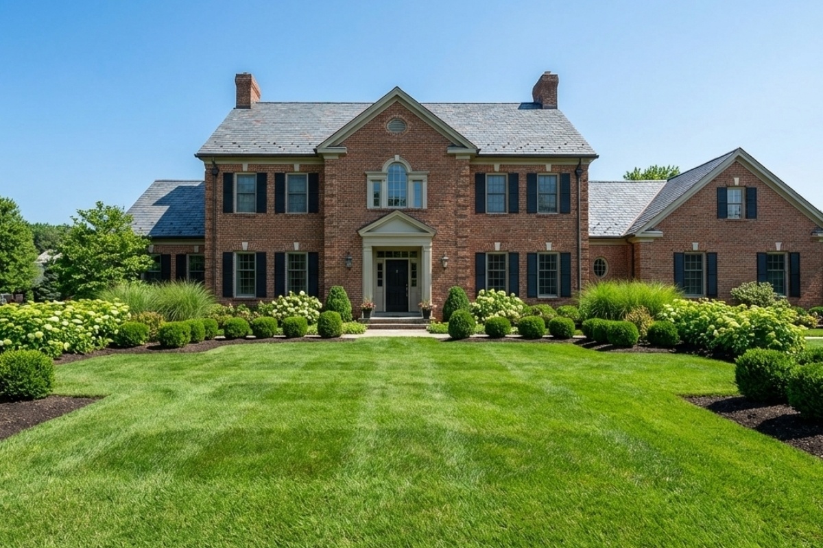 Bee Green Outdoor Living Landscaping Estate Grounds Management Estate Front Lawn with Boxwood and Hydrangea Borders