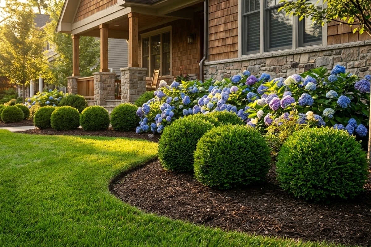 Bee Green Outdoor Living Landscaping Estate Grounds Management Hydrangea and Boxwood Foundation Planting