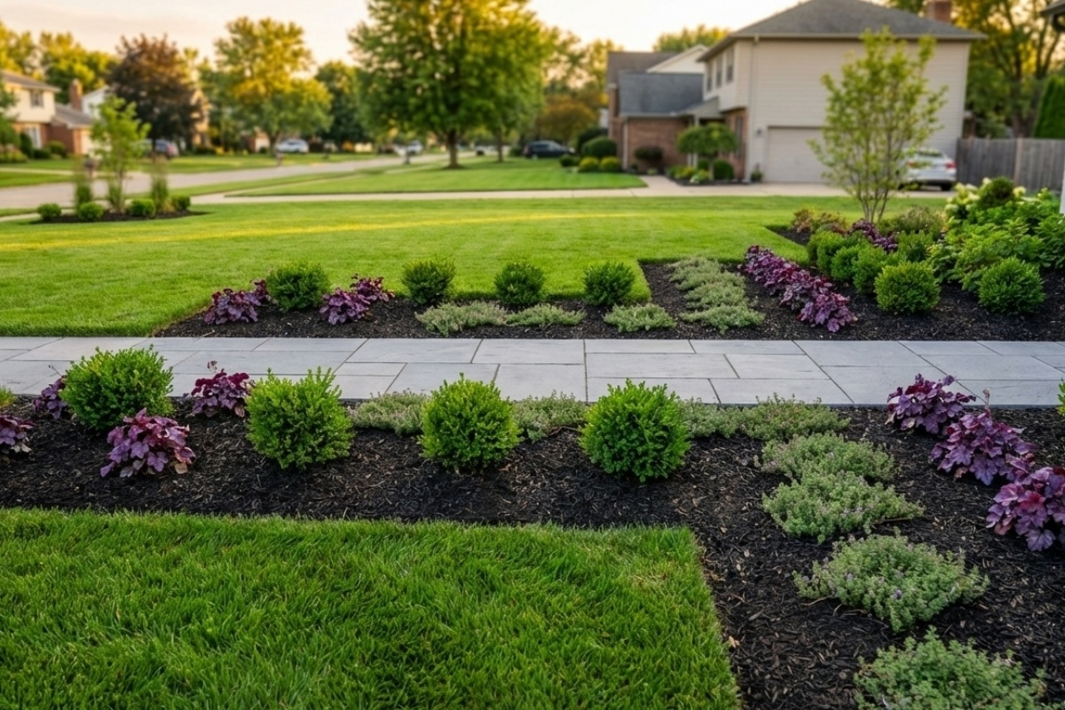 Bee Green Outdoor Living Landscaping Estate Grounds Management Tiered Planting Bed with Boxwood and Paver Walkway