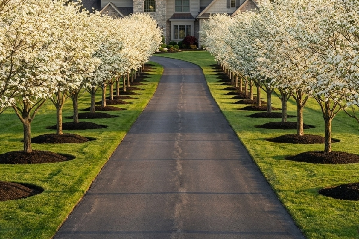 Bee Green Outdoor Living Landscaping Estate Grounds Management Tree Lined Estate Driveway in Bloom