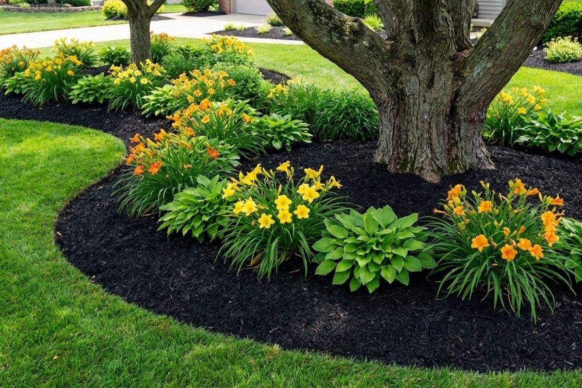 Bee Green Outdoor Living Landscaping Estate Grounds Management Tree Ring Flower Bed with Daylilies and Hostas