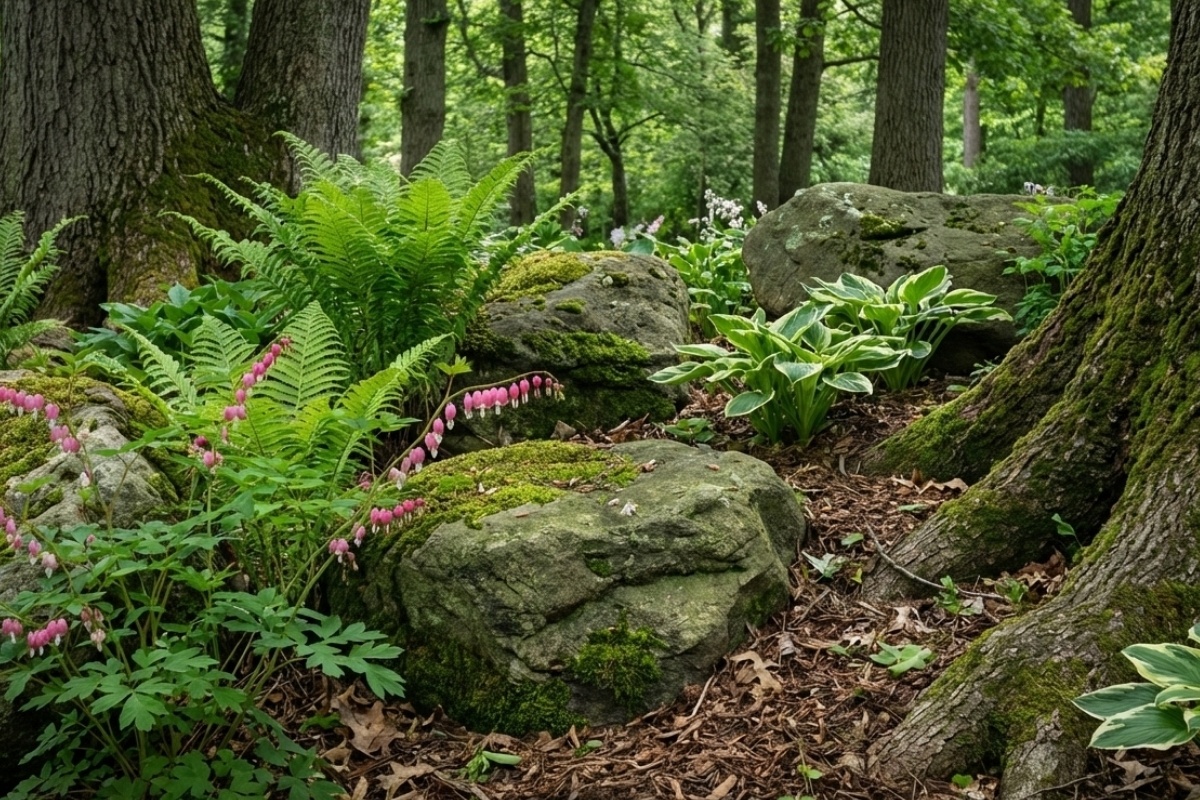 Bee Green Outdoor Living Landscaping Estate Grounds Management Woodland Shade Garden with Ferns and Mossy Boulders