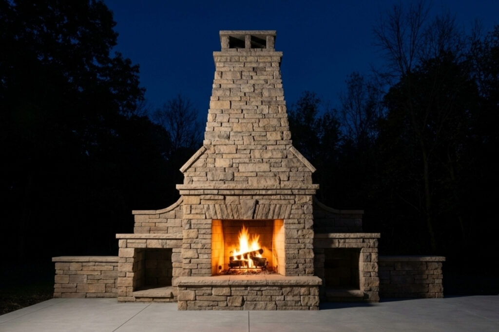 Bee Green Outdoor Living Outdoor Firepits and Fireplaces Grand Freestanding Stone Outdoor Fireplace with Chimney at Residential Property at Night