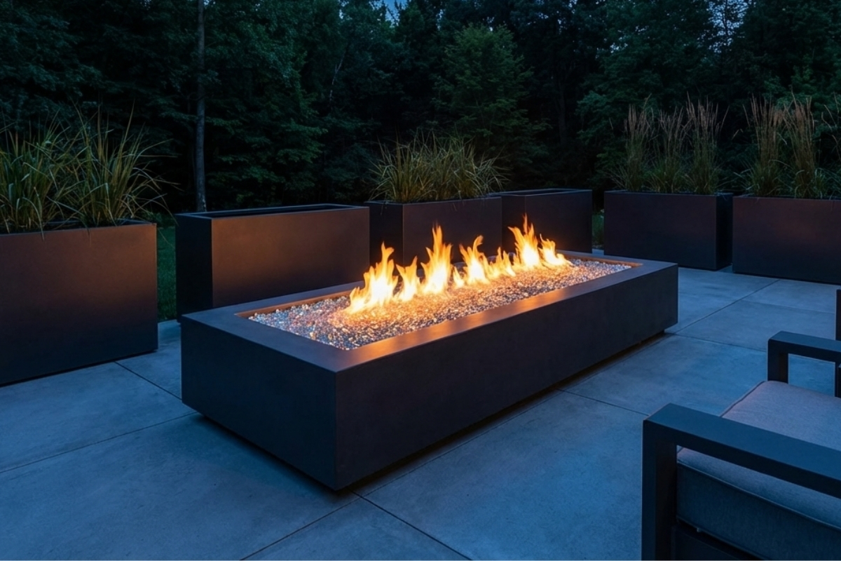 Bee Green Outdoor Living Outdoor Firepits and Fireplaces Modern Metal Rectangular Fire Pit with Fire Glass on Concrete Patio at Residential Property at Night