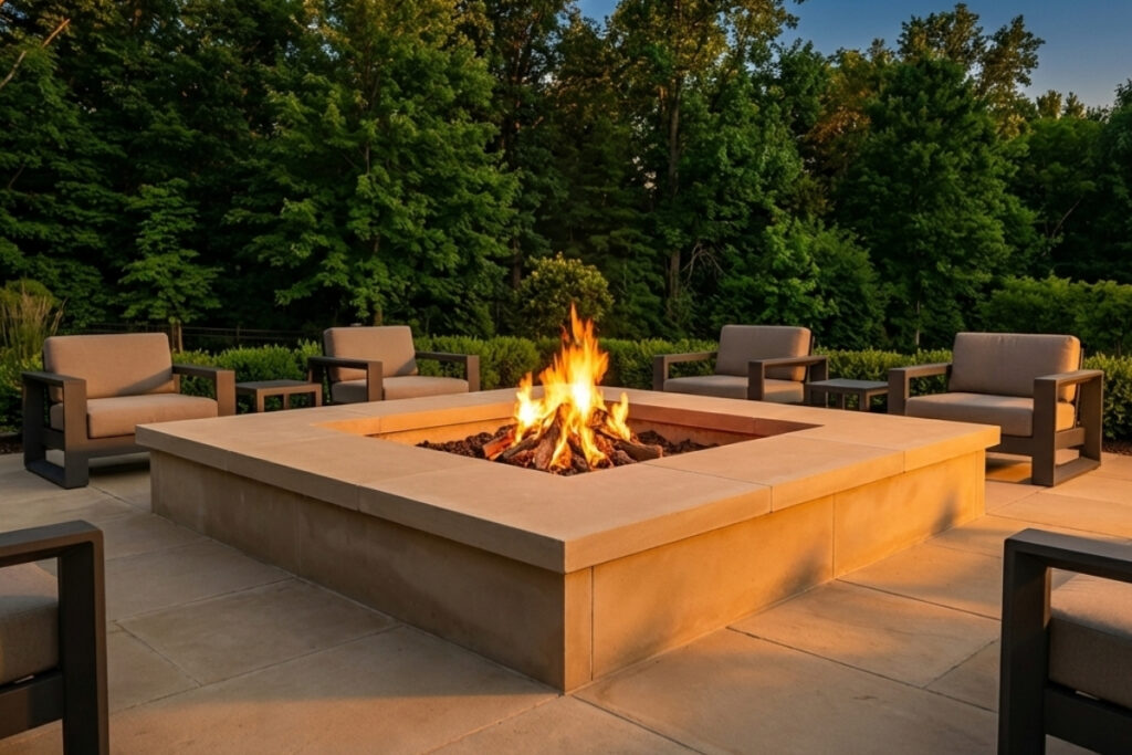 Bee Green Outdoor Living Outdoor Firepits and Fireplaces Modern Square Concrete Fire Pit with Contemporary Seating on Stone Patio at Residential Property