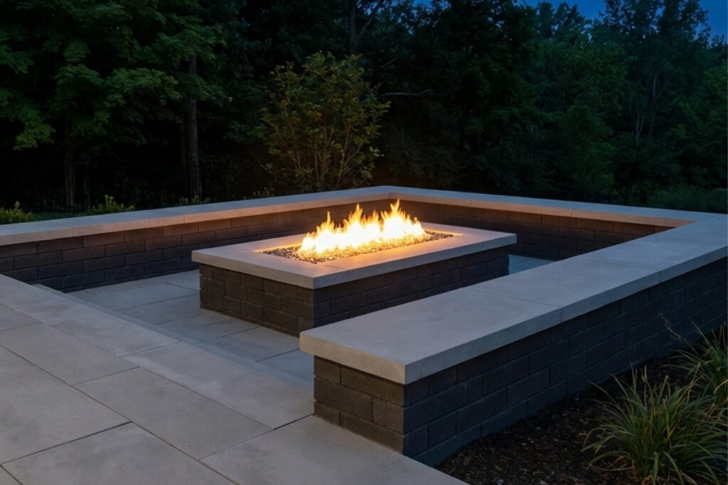 Bee Green Outdoor Living Outdoor Firepits and Fireplaces Modern Square Fire Pit with Integrated Stone Bench Seating on Paver Patio at Residential Property at Night