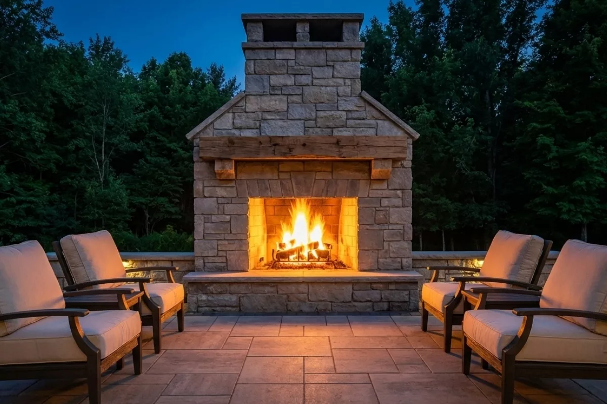 Bee Green Outdoor Living Outdoor Firepits and Fireplaces Natural Stone Outdoor Fireplace with Wood Mantel and Seating on Paver Patio at Residential Property at Dusk