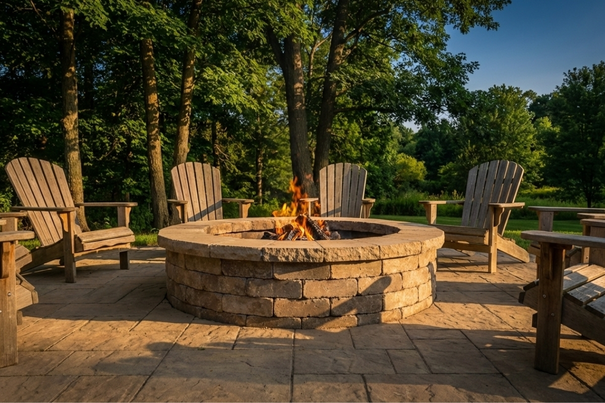 Bee Green Outdoor Living Outdoor Firepits and Fireplaces Round Masonry Fire Pit with Adirondack Seating on Paver Patio at Residential Property