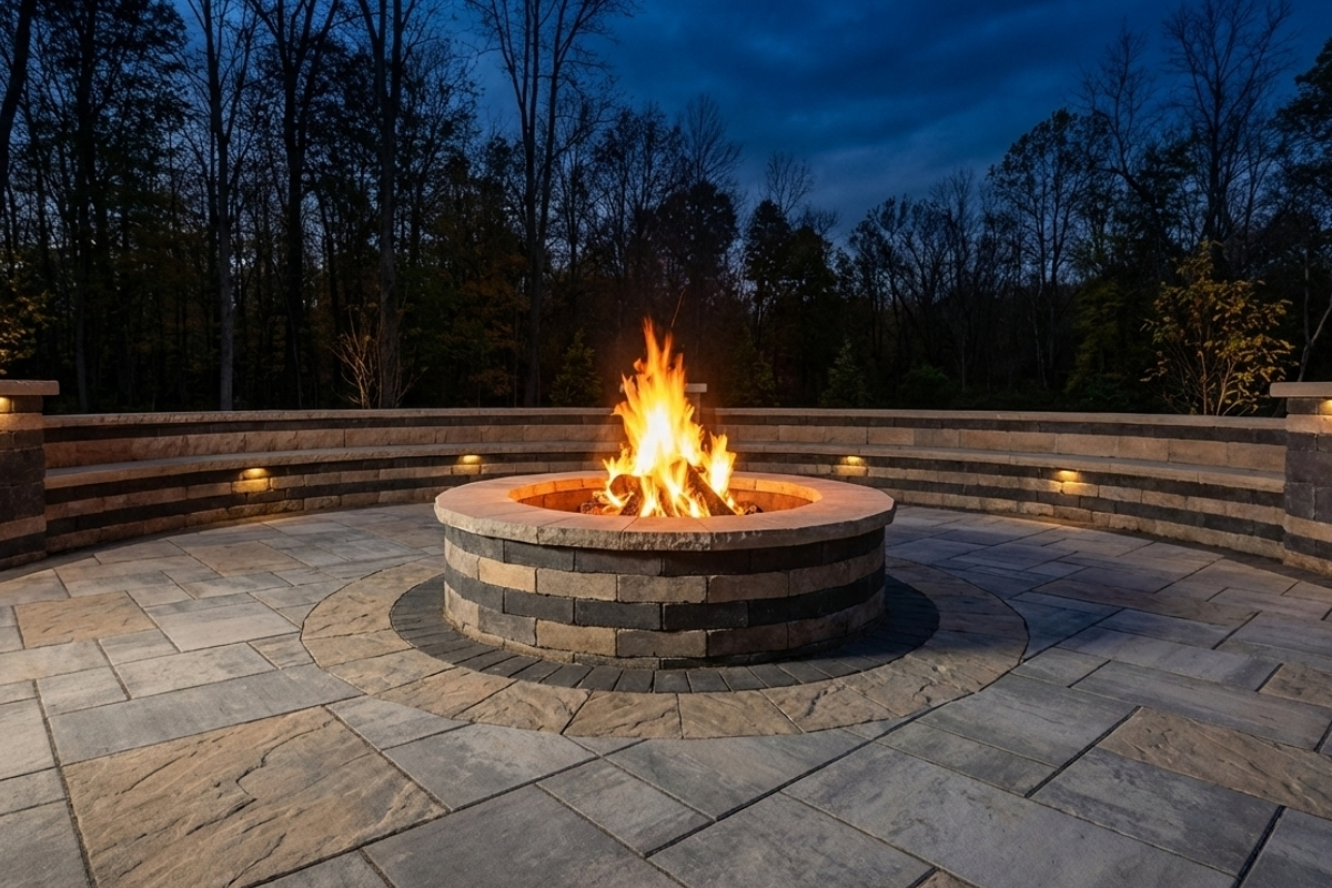 Bee Green Outdoor Living Outdoor Firepits and Fireplaces Round Stone Fire Pit on Paver Patio with Illuminated Curved Seating Wall at Residential Property at Night