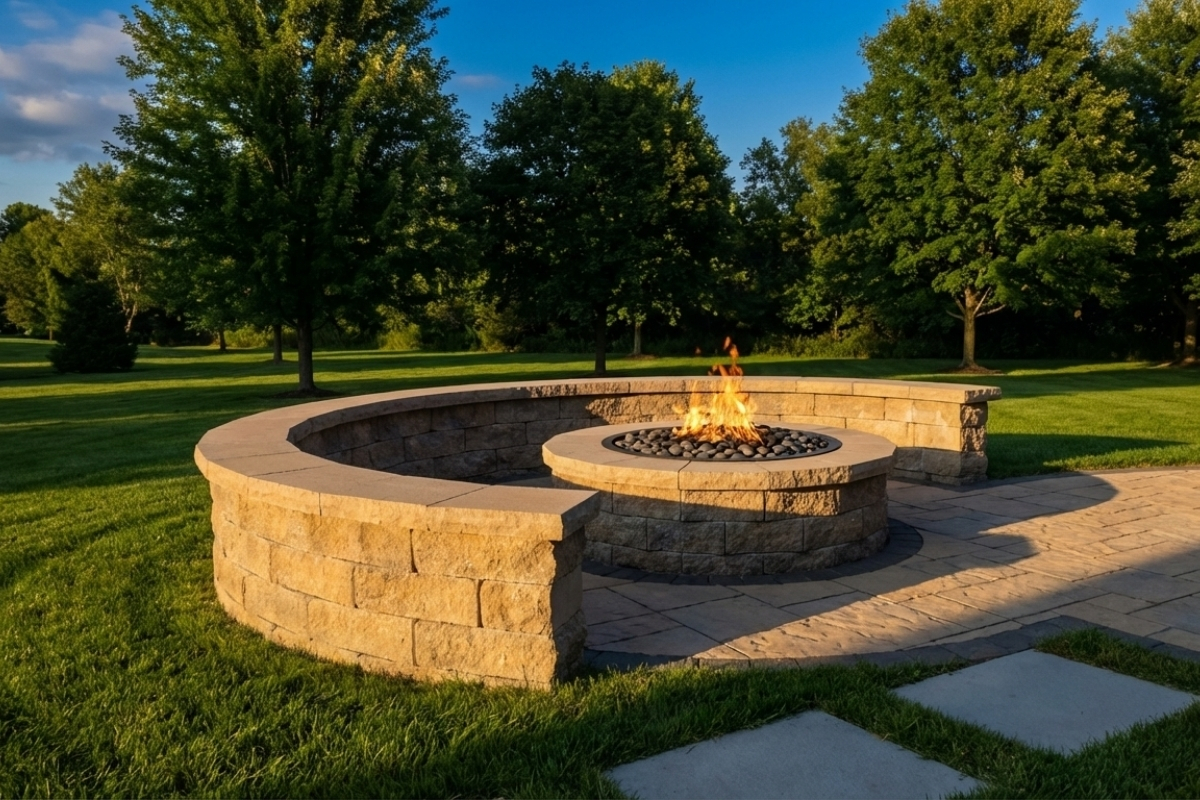 Bee Green Outdoor Living Outdoor Firepits and Fireplaces Round Stone Fire Pit with Fire Glass and Curved Seating Wall at Residential Estate