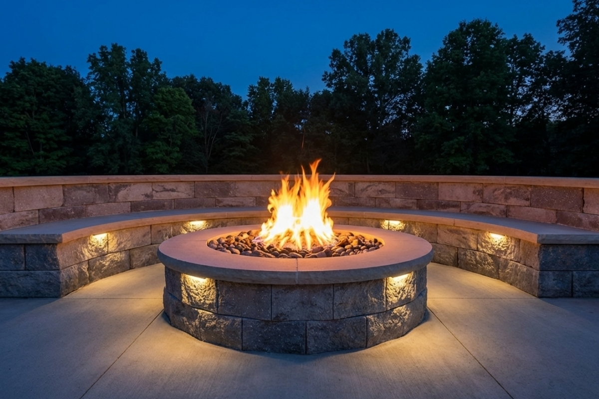 Bee Green Outdoor Living Outdoor Firepits and Fireplaces Round Stone Fire Pit with Illuminated Curved Seating Wall on Concrete Patio at Residential Property at Night