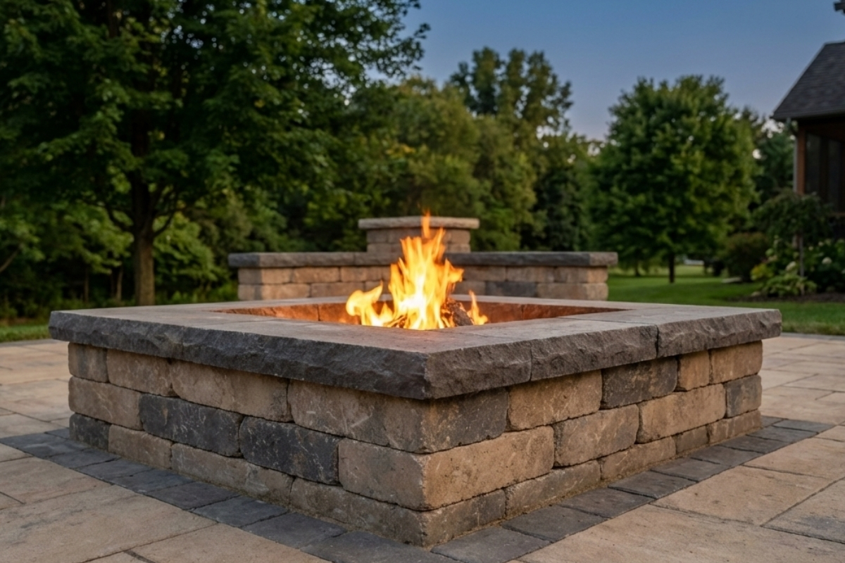 Bee Green Outdoor Living - Outdoor Firepits and Fireplaces - Square Stone Block Fire Pit on Paver Patio at Residential Home at Dusk
