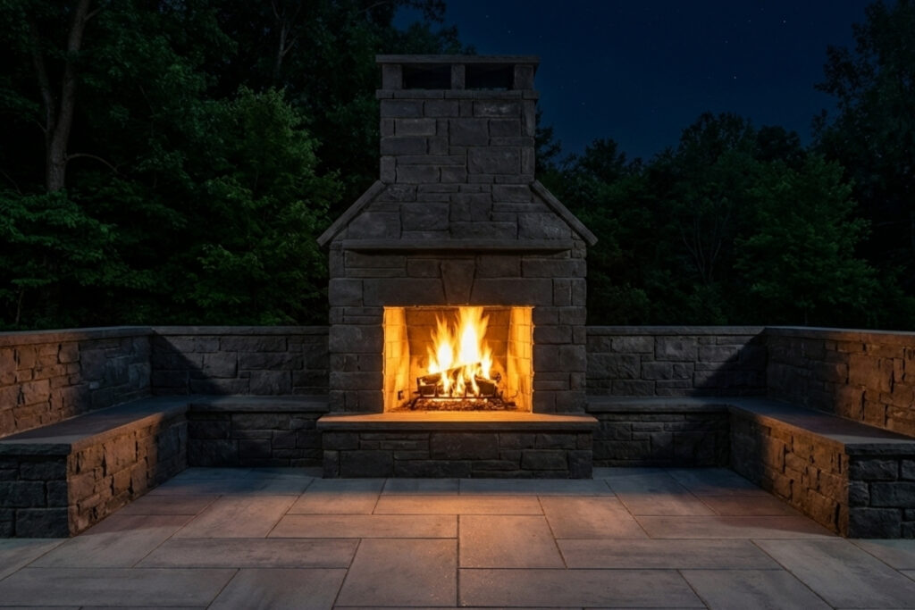 What Is Hardscaping? Everything You Need to Know 3 Bee Green Outdoor Living Outdoor Firepits and Fireplaces Stone Outdoor Fireplace with Chimney and Stone Seating Walls on Paver Patio at Residential Property at Night